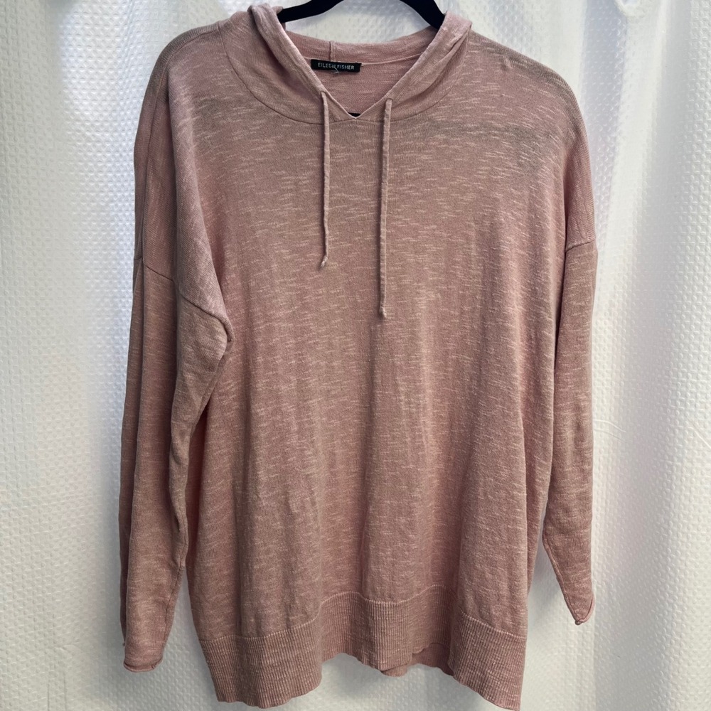Eileen Fisher Organic Linen Cotton Knit Hoodie Pink Heathered Relaxed Sweater L